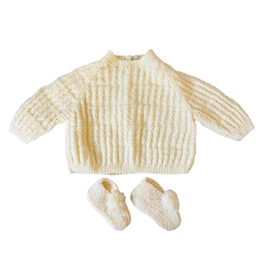 Vtg Handmade Baby Sweater Set Butter Yellow Knit Pullover Booties Pom 0-6 Months